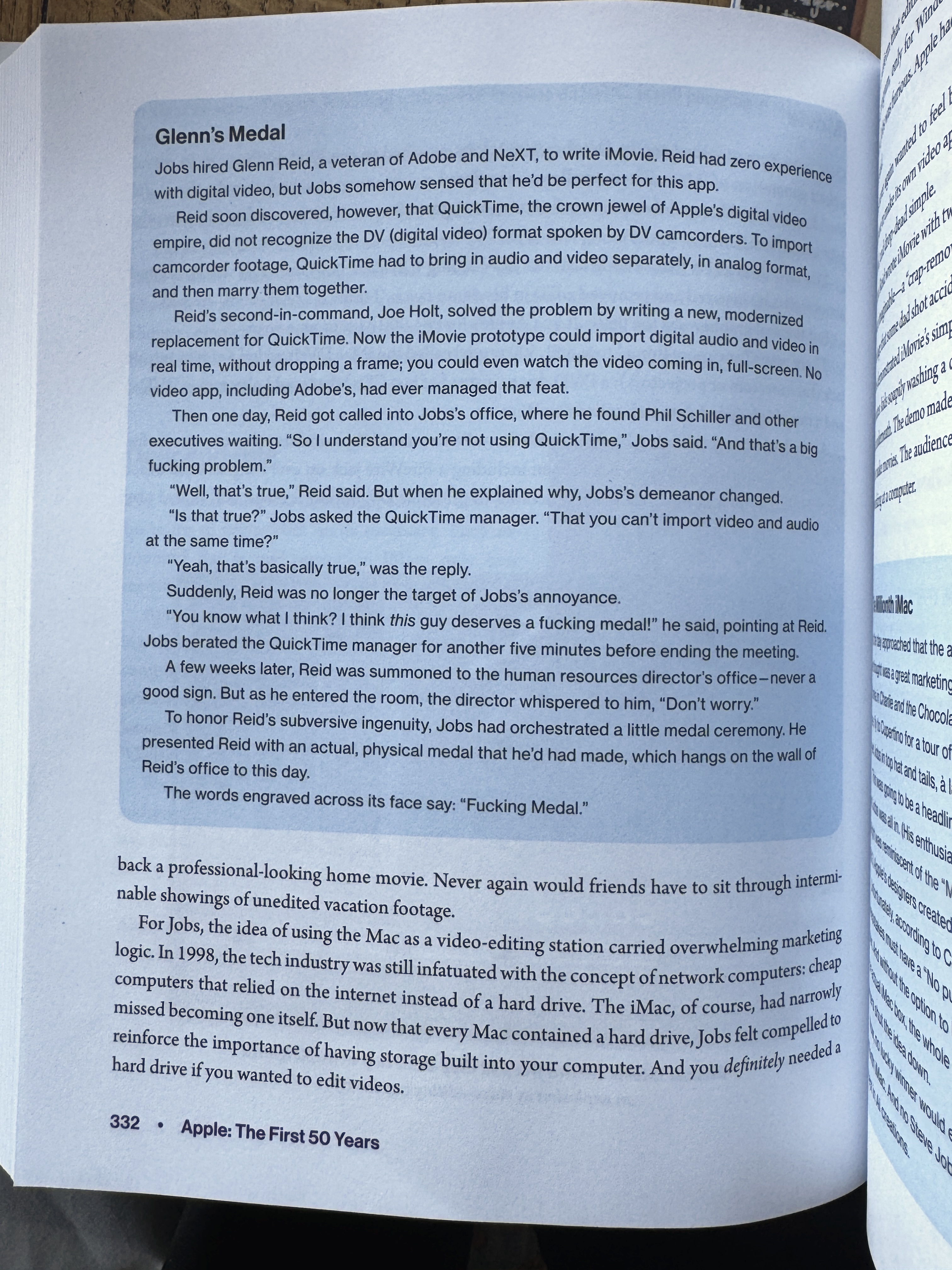 Full-page callout about the medal in David Pogue's book Apple: The First 50 Years
